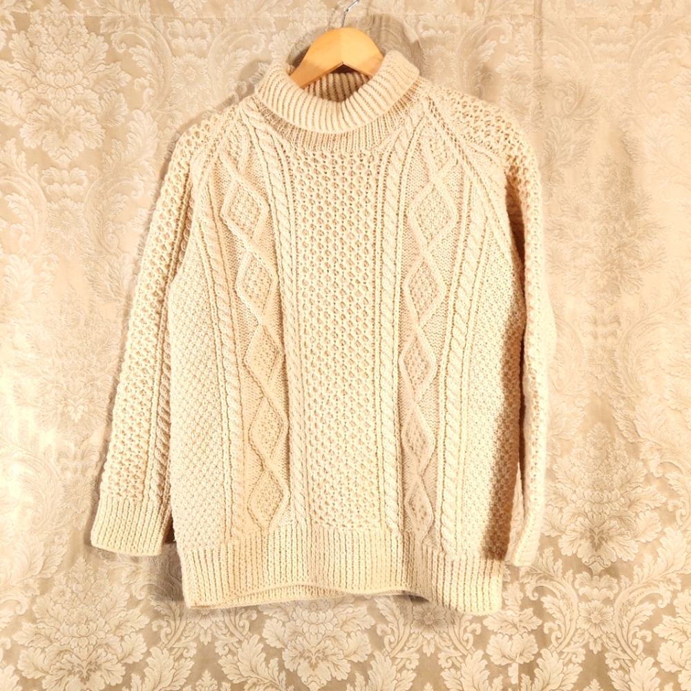 Vintage Irish 100% Wool Large Handknit Fishermans Turtleneck Sweater by Kinvara